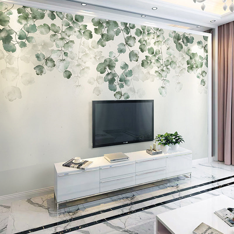 Large Countryside Wall Decor Soft Green Garden and Leaf Mural Wallpaper, Personalized Size Available