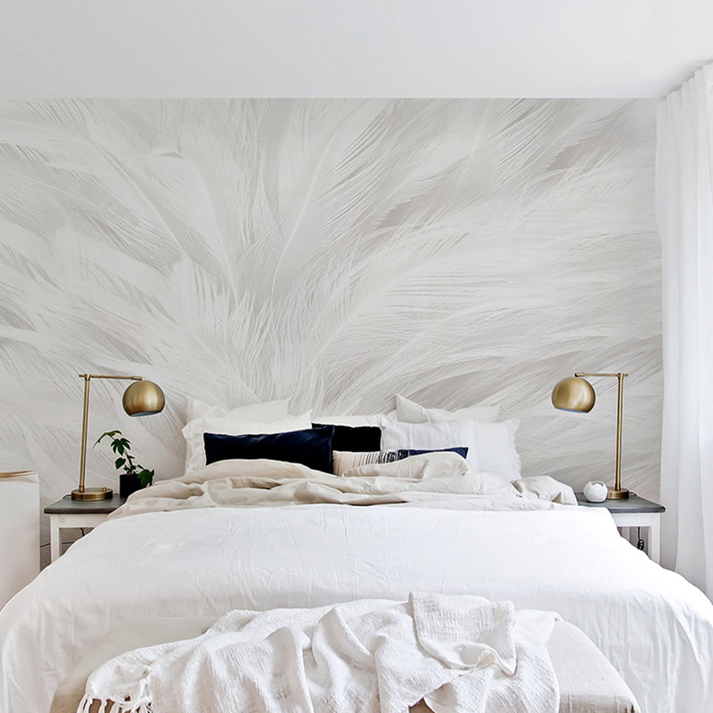 Plain White Minimalist Wall Covering Large Feather Wall Mural for Living Room