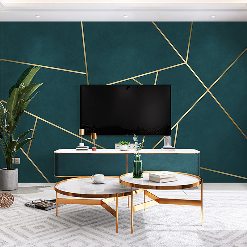 Simple Line and Geometries Mural Wallpaper for Home Decoration, Extra Large Wall Art in Dark Green and Gold