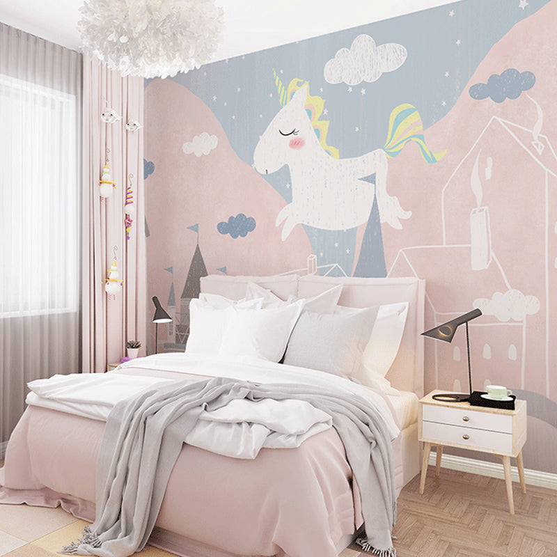 Whole Tiny Horse Wall Covering for Children Fantasy Sky Mural Wallpaper in Pastel Pink, Water-Resistant