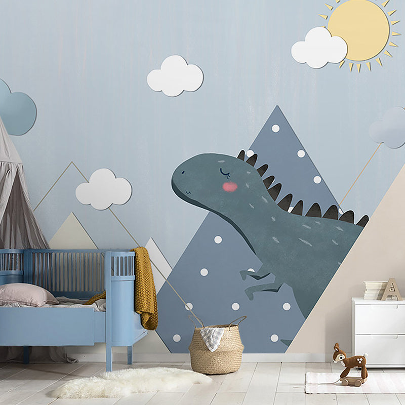 Full Illustration Simple Wall Mural Kid's Bedroom Cartoon Dinosaur in Blue