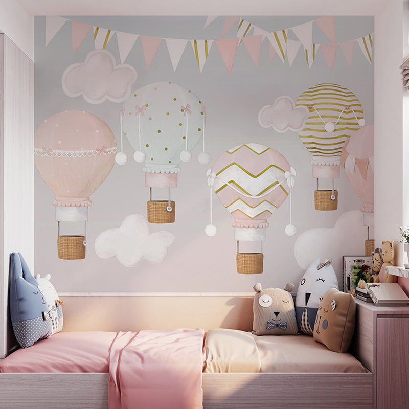 Pastel Pink Mural Minimalist Extra Large Balloon and Flag Wall Art for Girl's Bedroom