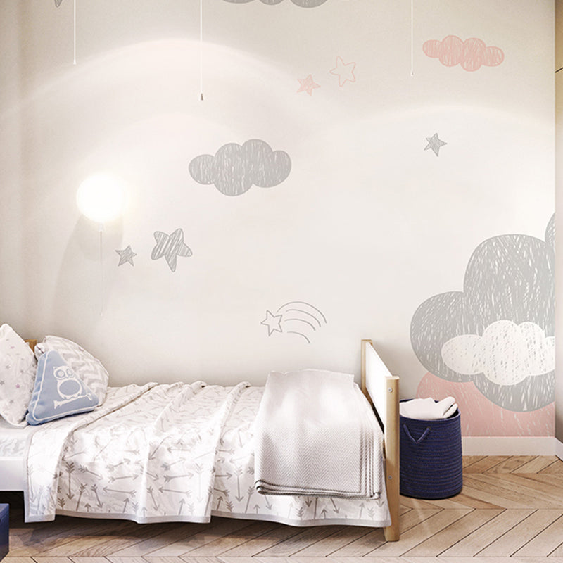 Cute Cloud Wall Decor for Children Fresh Wall Mural in Grey and Pink, Made to Measure