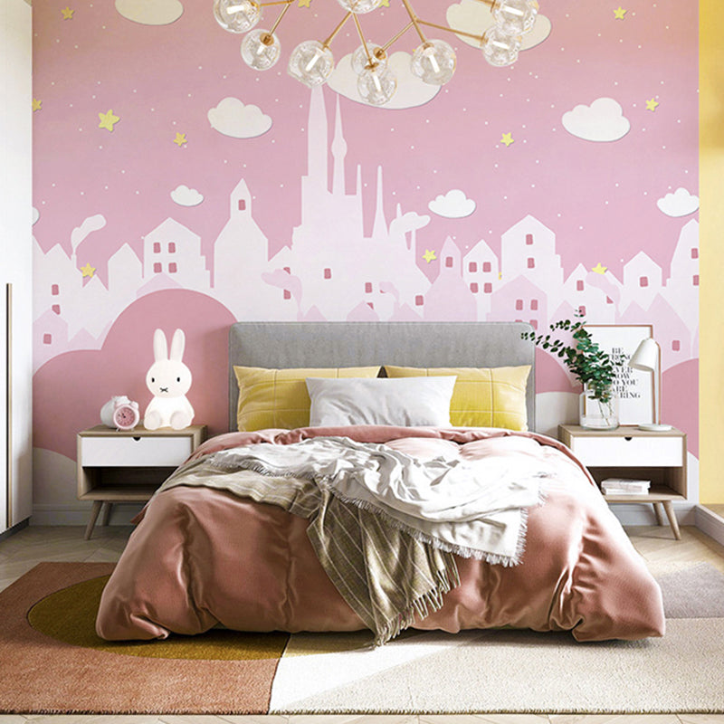 Extra Large Castle Wall Decor in Pink Non-Woven Fabric Wall Mural for Girl, Custom-Printed