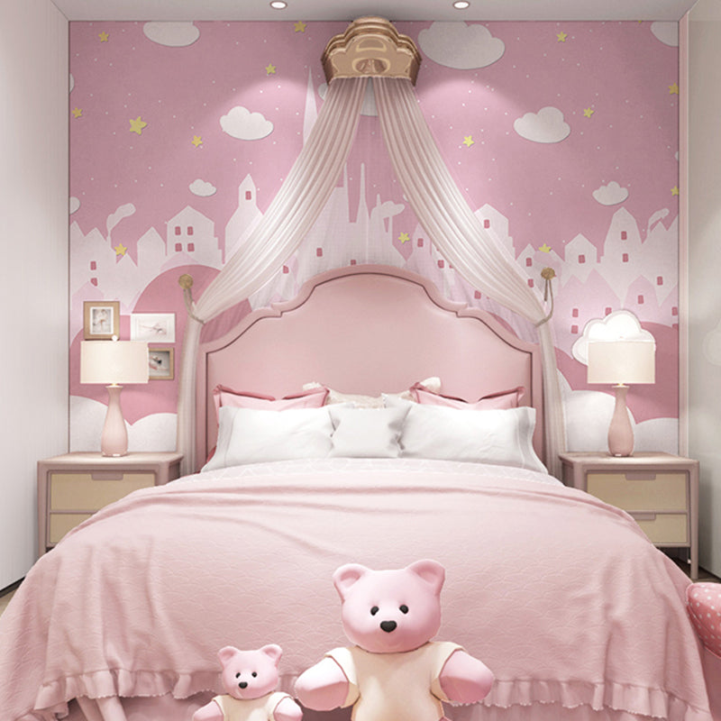 Extra Large Castle Wall Decor in Pink Non-Woven Fabric Wall Mural for Girl, Custom-Printed