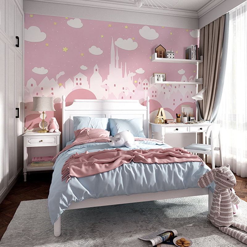 Extra Large Castle Wall Decor in Pink Non-Woven Fabric Wall Mural for Girl, Custom-Printed
