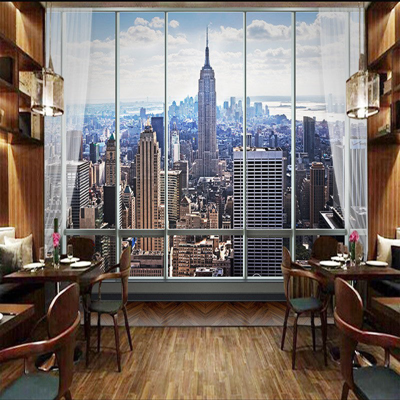 Waterproofing 3D City Wall Art Contemporary Mural Wallpaper for Meeting Room in Blue and Brown