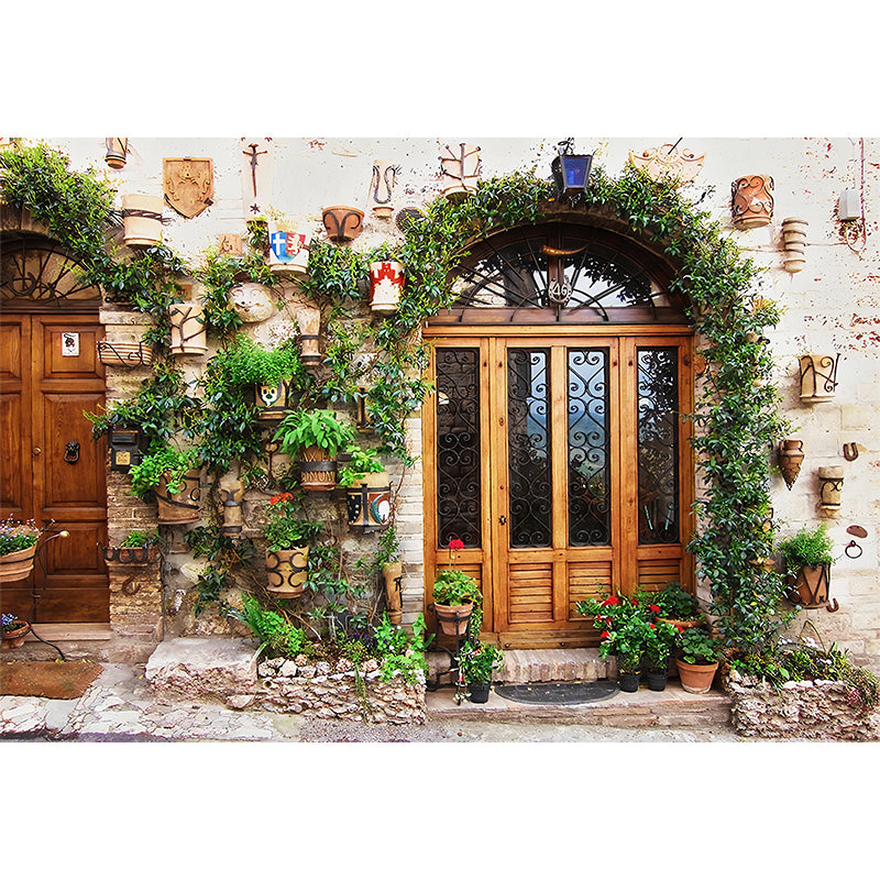 Brown Door and Street Mural Wallpaper Water-Resistant Wall Decor for Coffee Shop