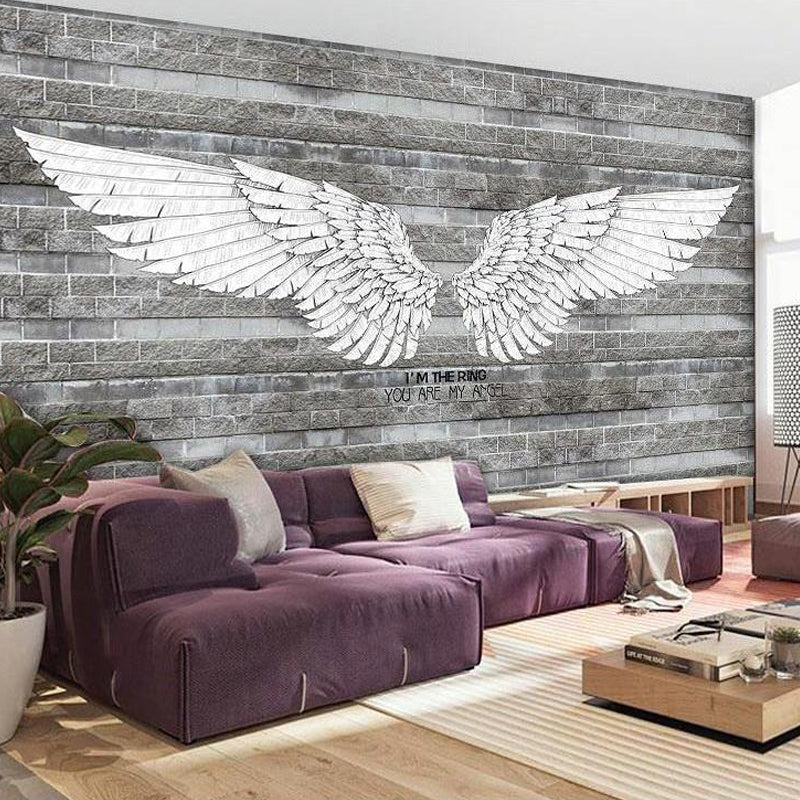 Retro Wing and Stripe Mural for Living Room, Custom-Printed Wall Decor in Grey