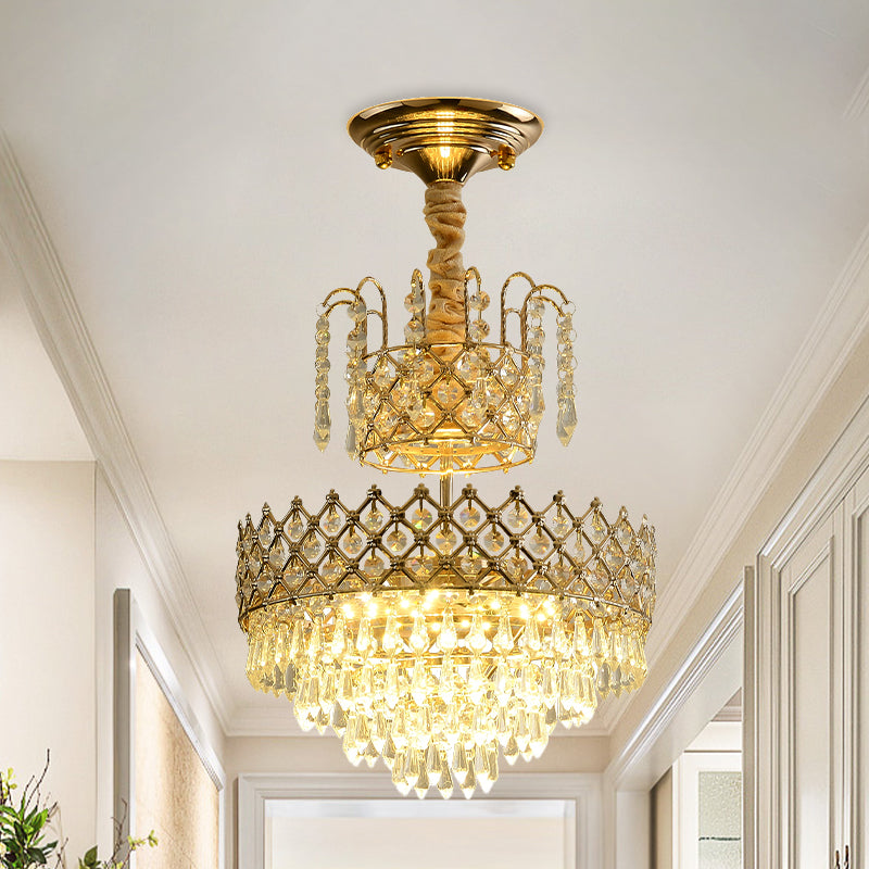Gold LED Ceiling Pendant Lamp Vintage Crystal Layered Cone Shaped Chandelier for Corridor