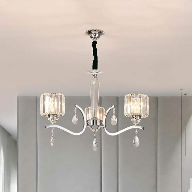 3-Bulb kroonluchter lamp Hedendaags cilindrisch kristalhanglicht met chromen gebogen arm
