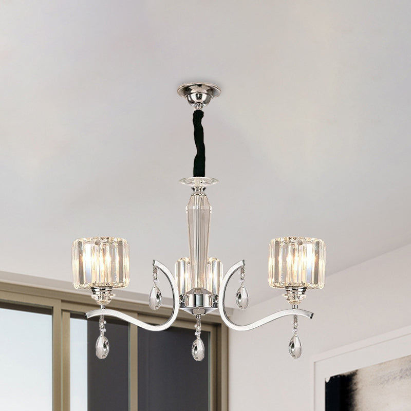 3-Bulb Chandelier Lamp Contemporary Cylindrical Crystal Hanging Light with Chrome Curved Arm