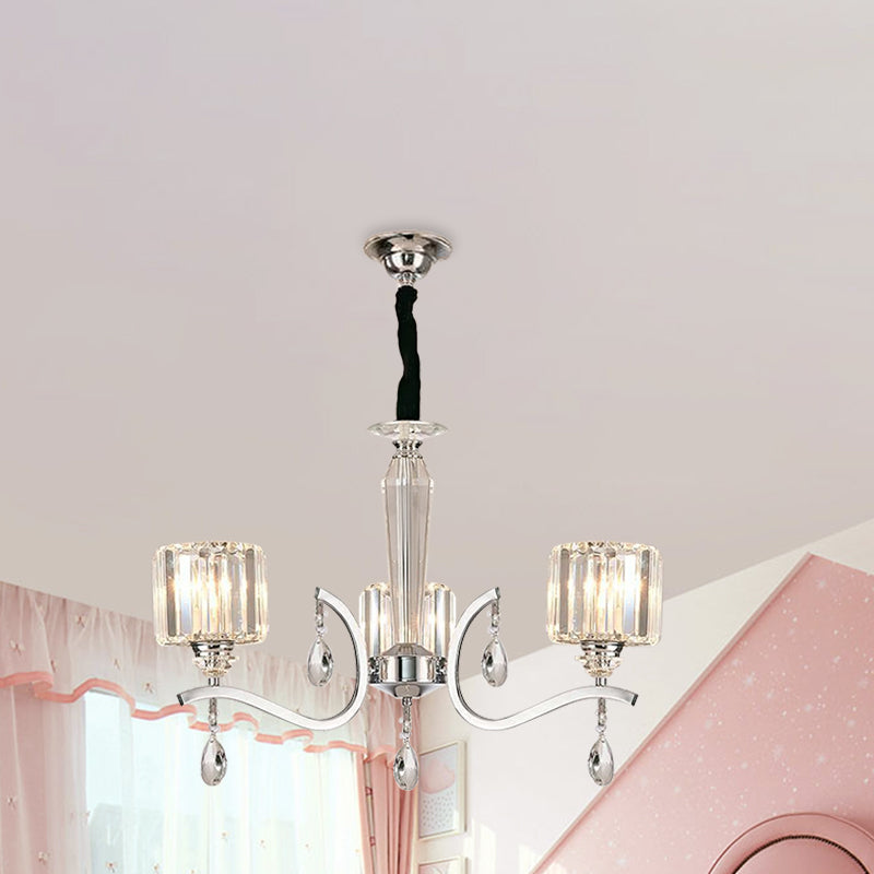 3-Bulb Chandelier Lamp Contemporary Cylindrical Crystal Hanging Light with Chrome Curved Arm