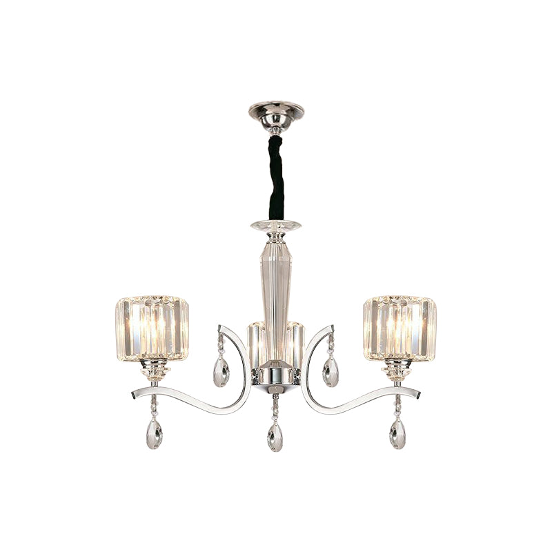 3-Bulb Chandelier Lamp Contemporary Cylindrical Crystal Hanging Light with Chrome Curved Arm