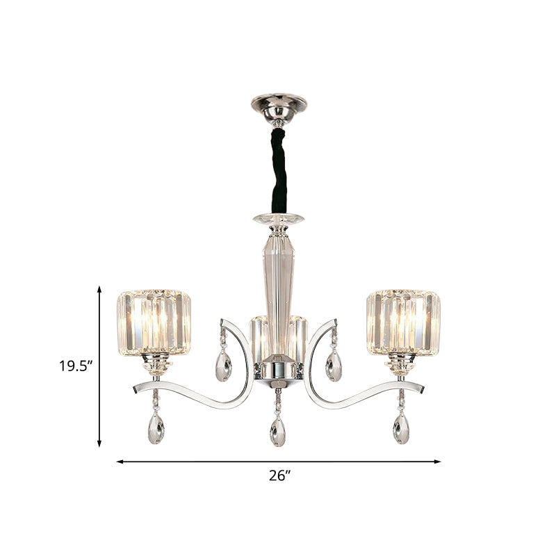 3-Bulb Chandelier Lamp Contemporary Cylindrical Crystal Hanging Light with Chrome Curved Arm
