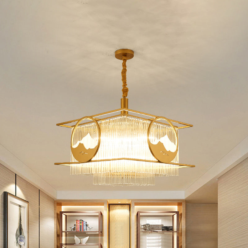Square/Round Crystal Rods Drop Lamp Traditional 8 Lights Sitting Room Chandelier with Gold Frame