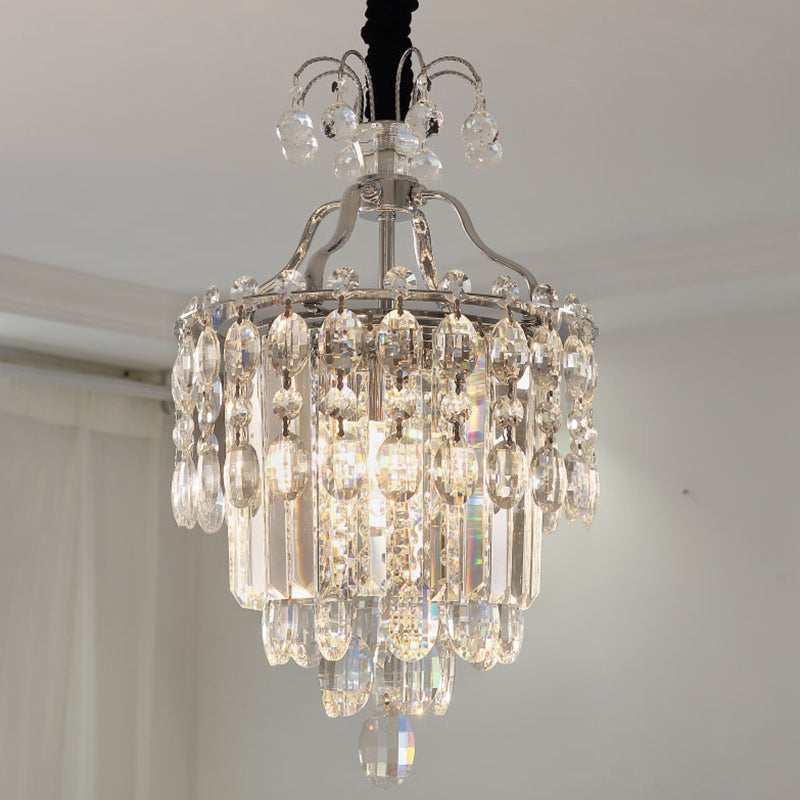 Faceted Cut Crystal Chrome Hanging Lamp Layered 3 Bulbs Modern Chandelier Pendant Light