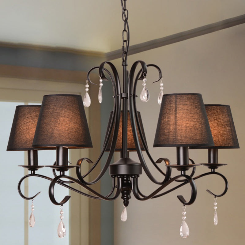 Zwarte conische ophanging hanger rustieke stof 5 lichten woonkamer kroonluchter met wervelarm en kristallen druppel