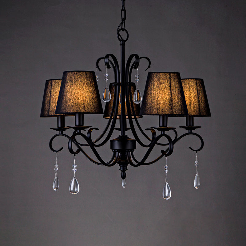 Black Conical Suspension Pendant Rustic Fabric 5 Lights Living Room Chandelier with Swirl Arm and Crystal Drop
