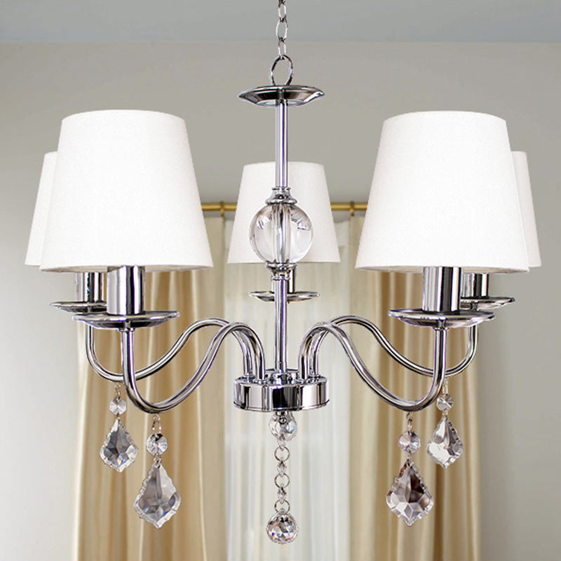 Moderne stijl kegel kroonluchter 5 koppen stof plafond hanger in wit chrome met kristal pendeloques