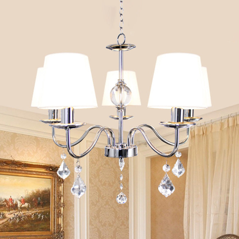 Modern Style Cone Chandelier 5 Heads Fabric Ceiling Pendant in White-Chrome with Crystal Pendeloques