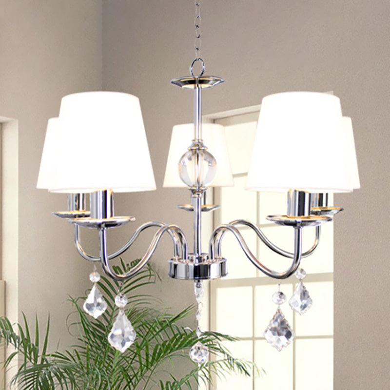 Modern Style Cone Chandelier 5 Heads Fabric Ceiling Pendant in White-Chrome with Crystal Pendeloques