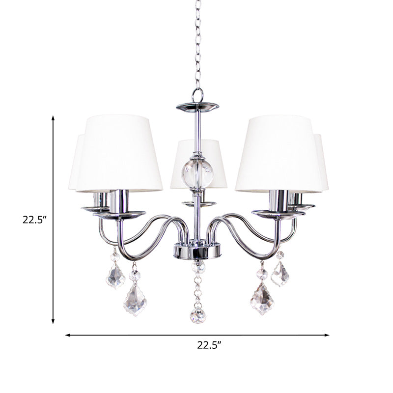 Moderne stijl kegel kroonluchter 5 koppen stof plafond hanger in wit chrome met kristal pendeloques