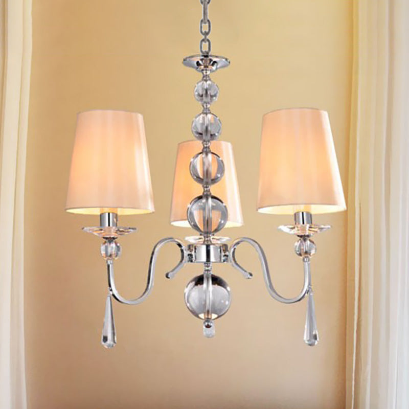 Conic Fabric Hanging Chandelier Modernist 3 Heads Restaurant Down Lighting with Gourd Crystal Decor in Chrome