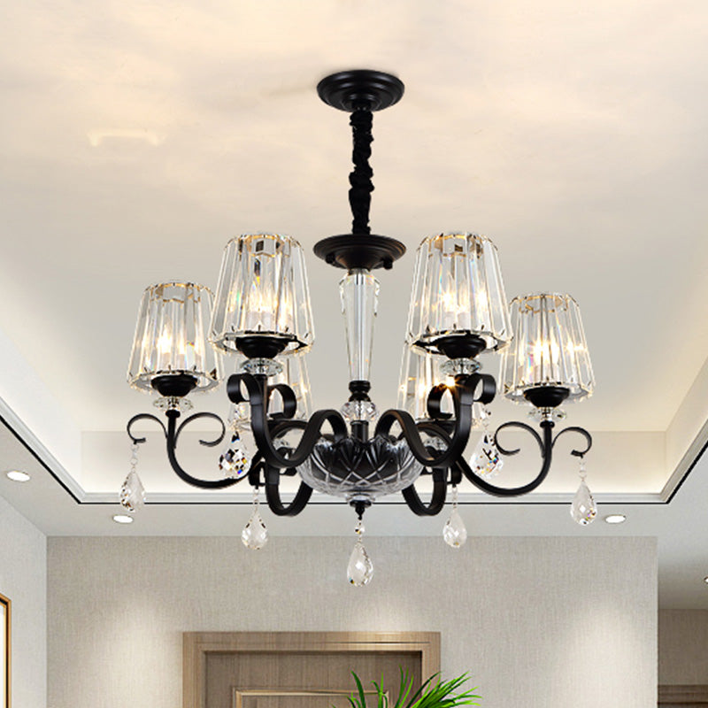 Cono ombra hotel soffitto lampadario retrò cristallo prismatico ciondolo a goccia nera a 6 light con elemento di scorrimento