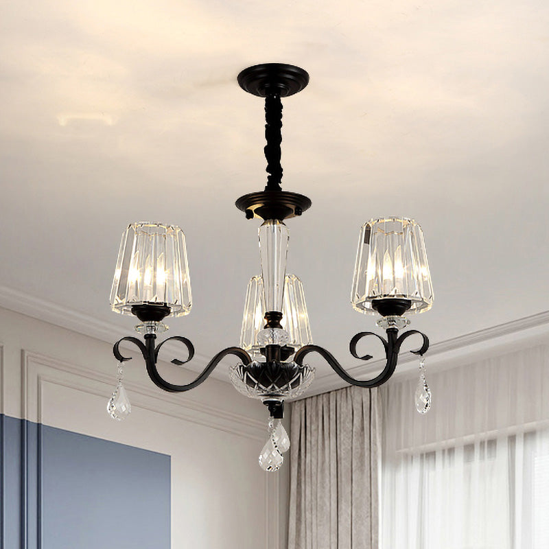 Cone Shade Hotel plafond kroonluchter retro prismatic kristal 3/6-licht zwarte druppel hanger met scroll-element