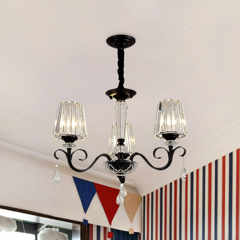 Cono ombra hotel soffitto lampadario retrò cristallo prismatico ciondolo a goccia nera a 6 light con elemento di scorrimento
