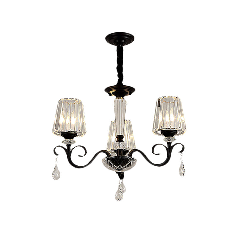 Cone Shade Hotel Ceiling Chandelier Retro Prismatic Crystal 3/6-Light Black Drop Pendant with Scroll Element