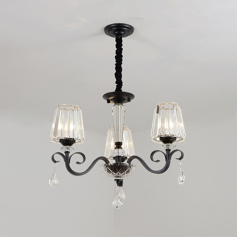 Cone Shade Hotel Ceiling Chandelier Retro Prismatic Crystal 3/6-Light Black Drop Pendant with Scroll Element