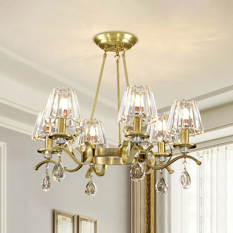 Gouden afwerking wiel kroonluchter postmoderne metalen 6-head woonkamer hangende lamp met kegel kristal schaduw