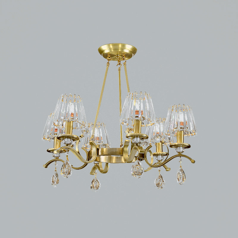 Gold Finish Wheel Chandelier Postmodern Metal 6-Head Living Room Hanging Lamp with Cone Crystal Shade