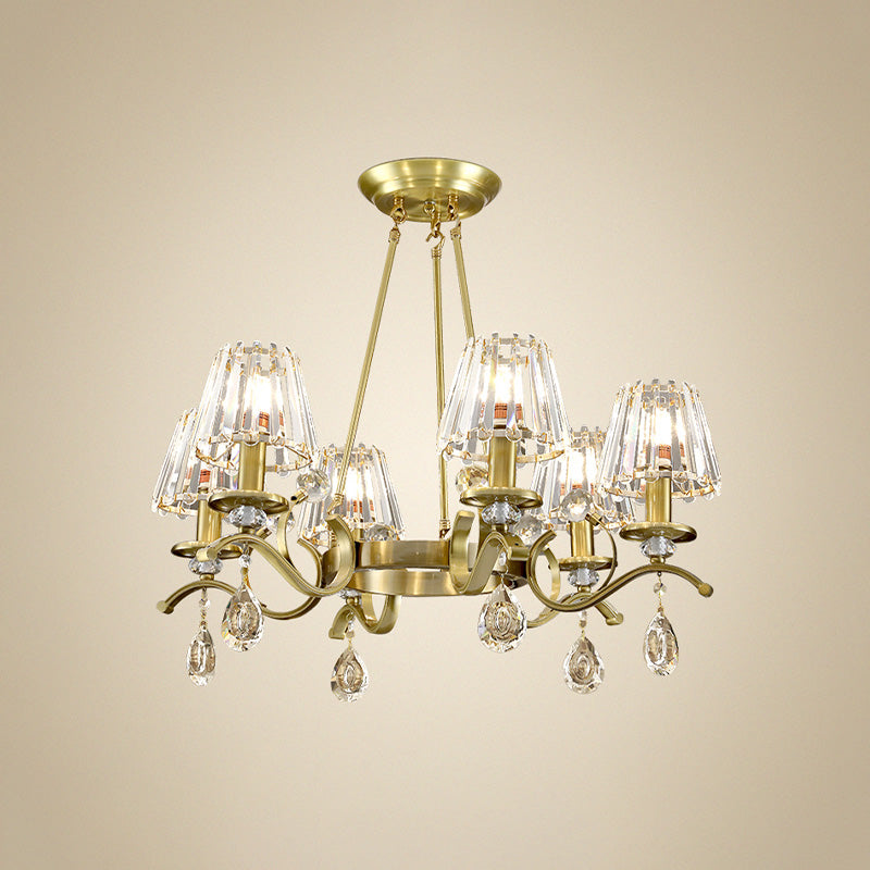 Gold Finish Wheel Chandelier Postmodern Metal 6-Head Living Room Hanging Lamp with Cone Crystal Shade