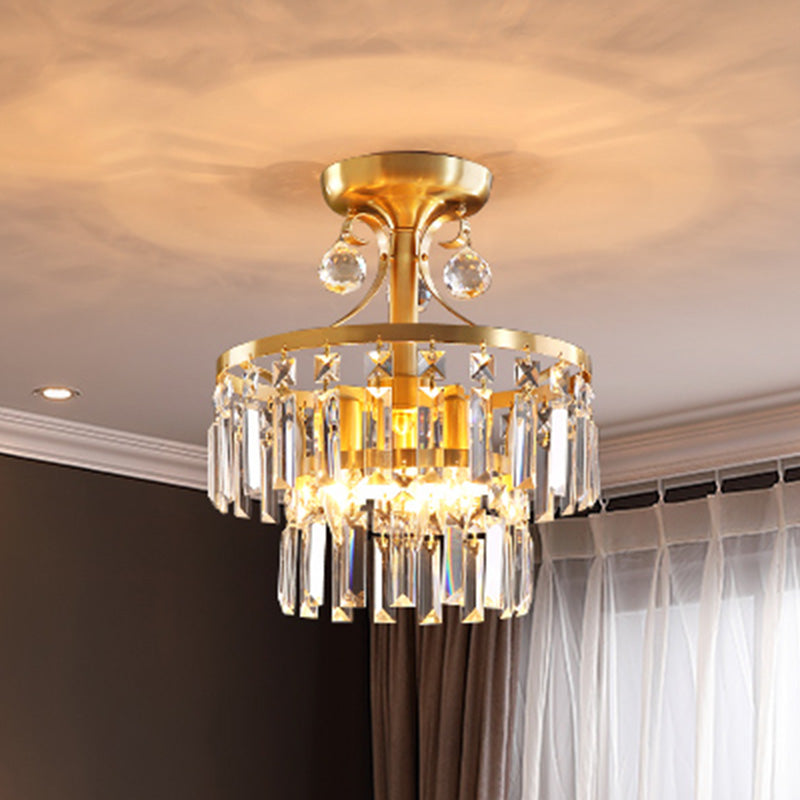 Postmodern a 2 strati tamburi a filo 3 luci prisma cristallino vicino all'illuminazione del soffitto in ottone