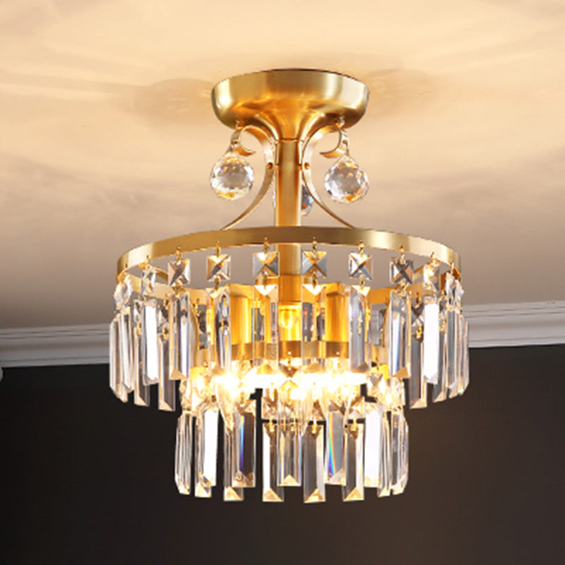 Postmodern a 2 strati tamburi a filo 3 luci prisma cristallino vicino all'illuminazione del soffitto in ottone