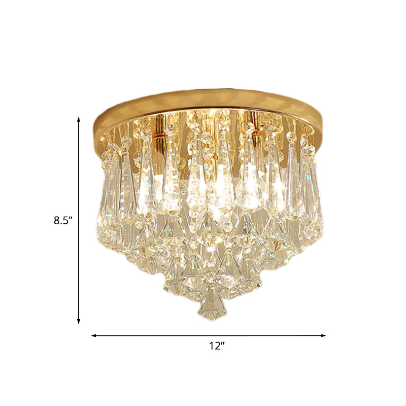 4-Light Crystal Flush Mount Lamp Modern Gold Cone Corridor Ceiling Light Fixture