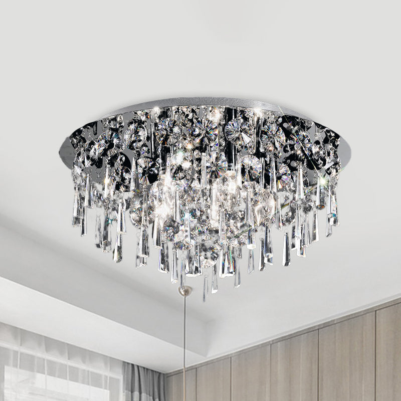 4 Heads Flush Ceiling Light Contemporary Round Crystal Fringe Flush Mount Lighting in Chrome