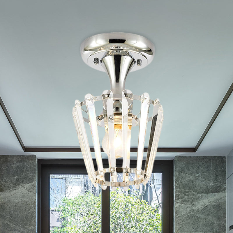 Minimalism Tapered Mini Ceiling Fixture 1-Light Crystal Semi Flush Mount Lighting Fixture in Chrome