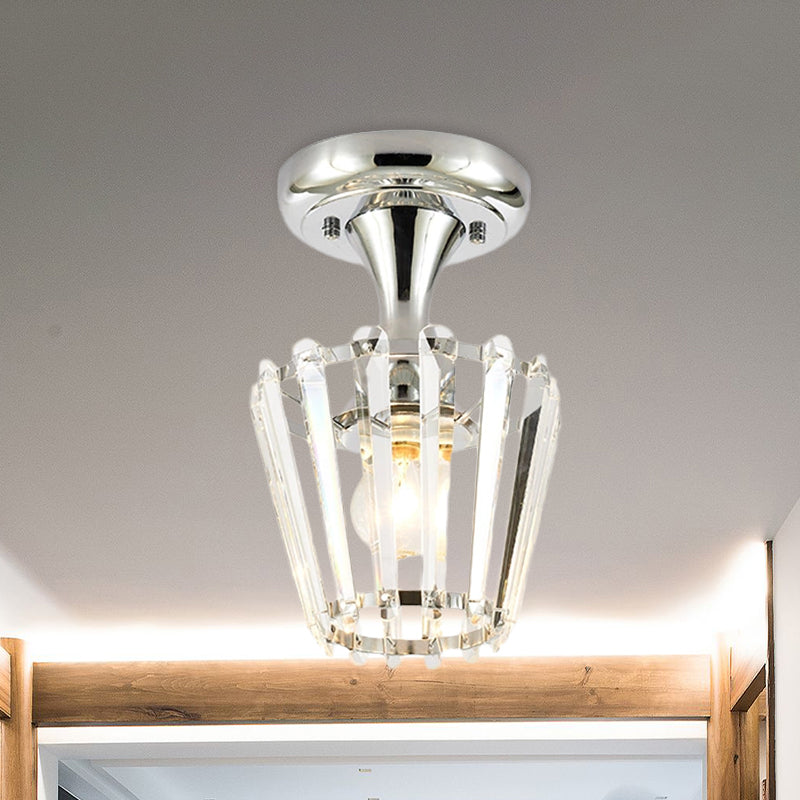 Minimalism Tapered Mini Ceiling Fixture 1-Light Crystal Semi Flush Mount Lighting Fixture in Chrome