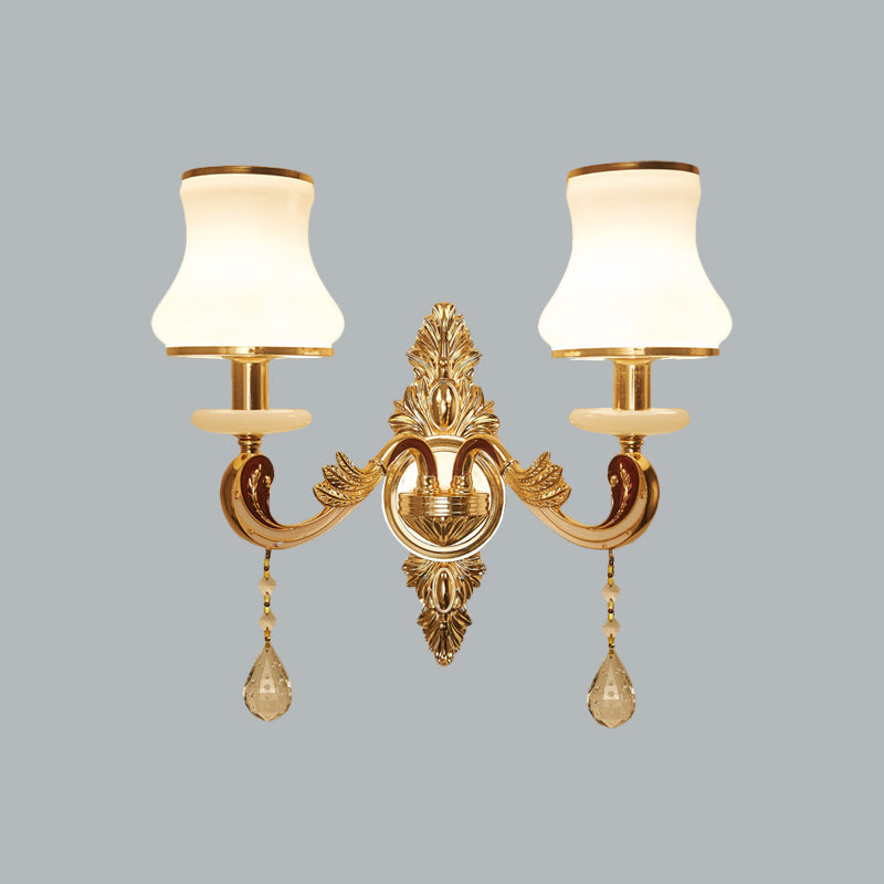 2 Heads Wall Sconce Vintage Bedroom Wall Mount Lamp with Curved Milk Glass Lampshade in Gold