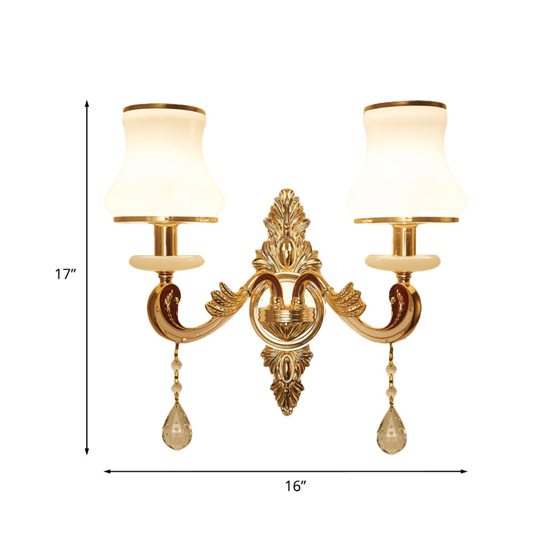2 Heads Wall Sconce Vintage Bedroom Wall Mount Lamp with Curved Milk Glass Lampshade in Gold