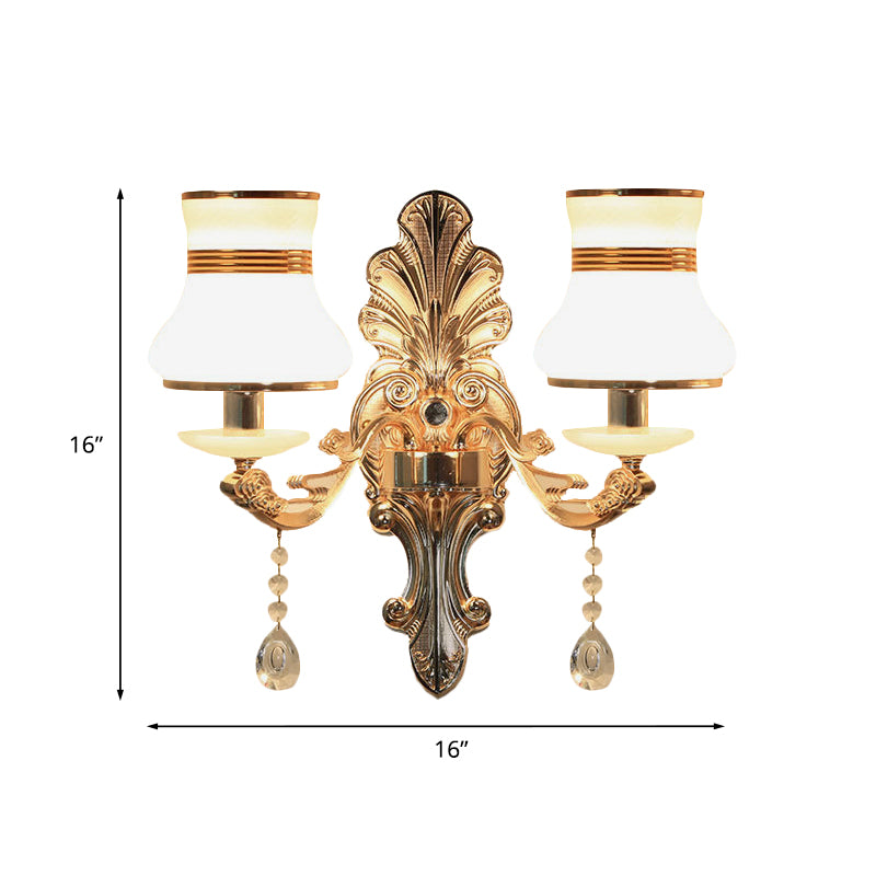 Gold 2 Lights Sconce Lamp Traditional Frosted Glass Beaker Shaped Wall Mounted Lighting Fixture