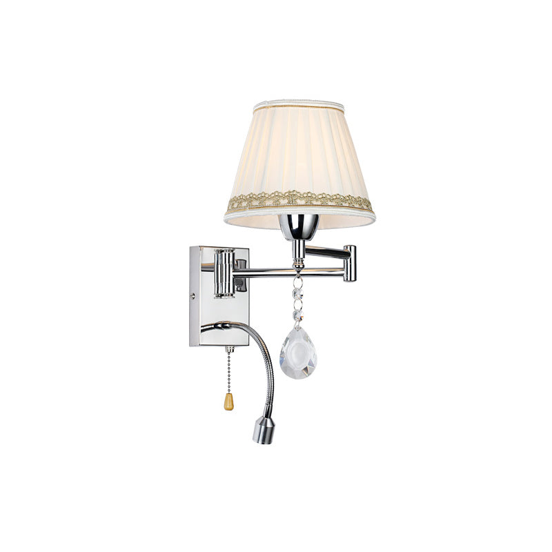 1-Head Reading Wall Light Modern Pleated Fabric Braided-Trimmed Cone Sconce with Chrome Extendable Arm