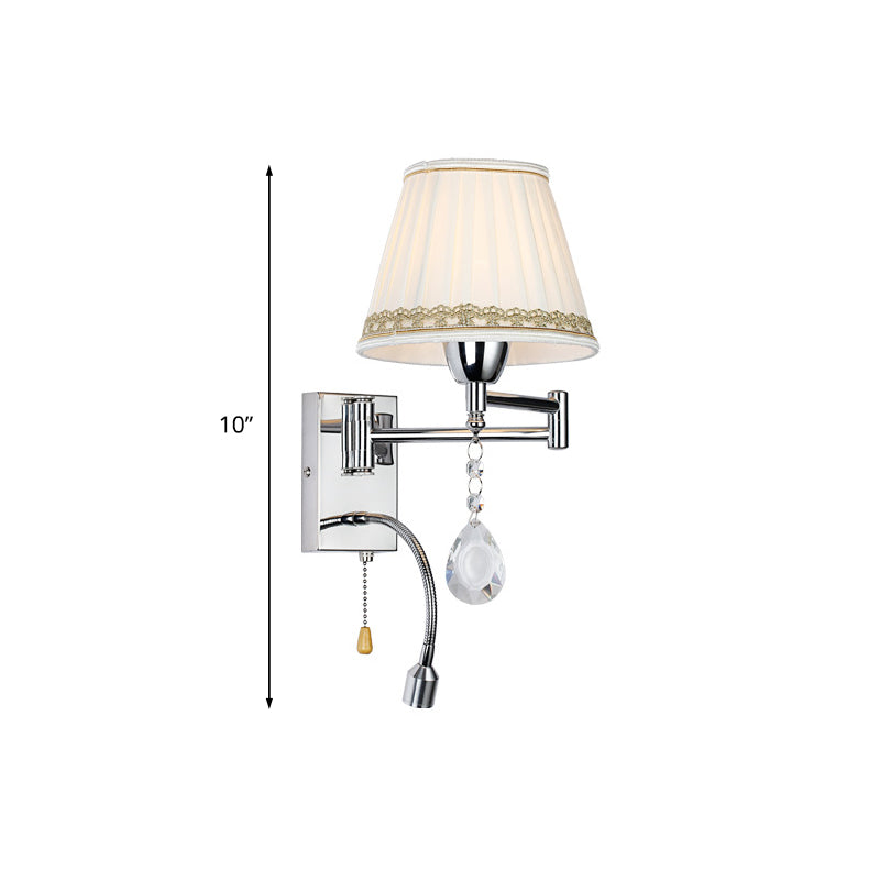 1-Head Reading Wall Light Modern Pleated Fabric Braided-Trimmed Cone Sconce with Chrome Extendable Arm