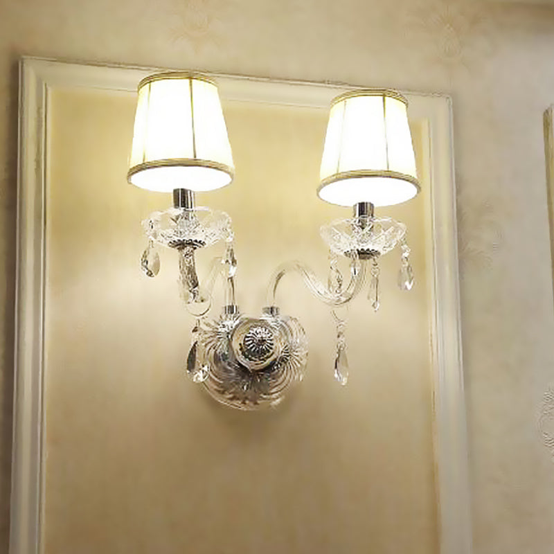 Gathered Fabric Tapered Sconce Light Modernism 2 Heads Bedside Wall Mounted Lamp with Clear Curved Glass Tube Arm