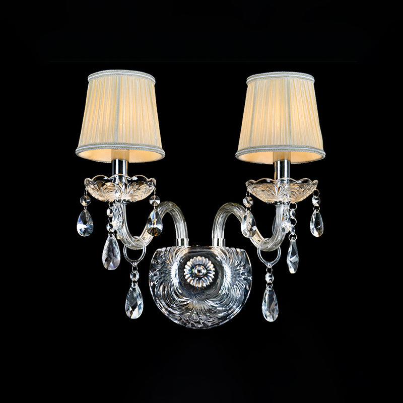 Gathered Fabric Tapered Sconce Light Modernism 2 Heads Bedside Wall Mounted Lamp with Clear Curved Glass Tube Arm