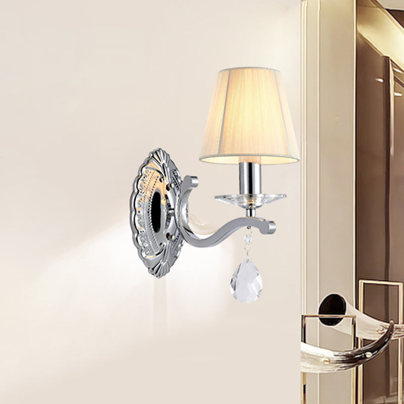 1/2-Head Pleated Fabric Wall Light Modernism Beige Cone Corner Sconce with Chrome Curving Arm